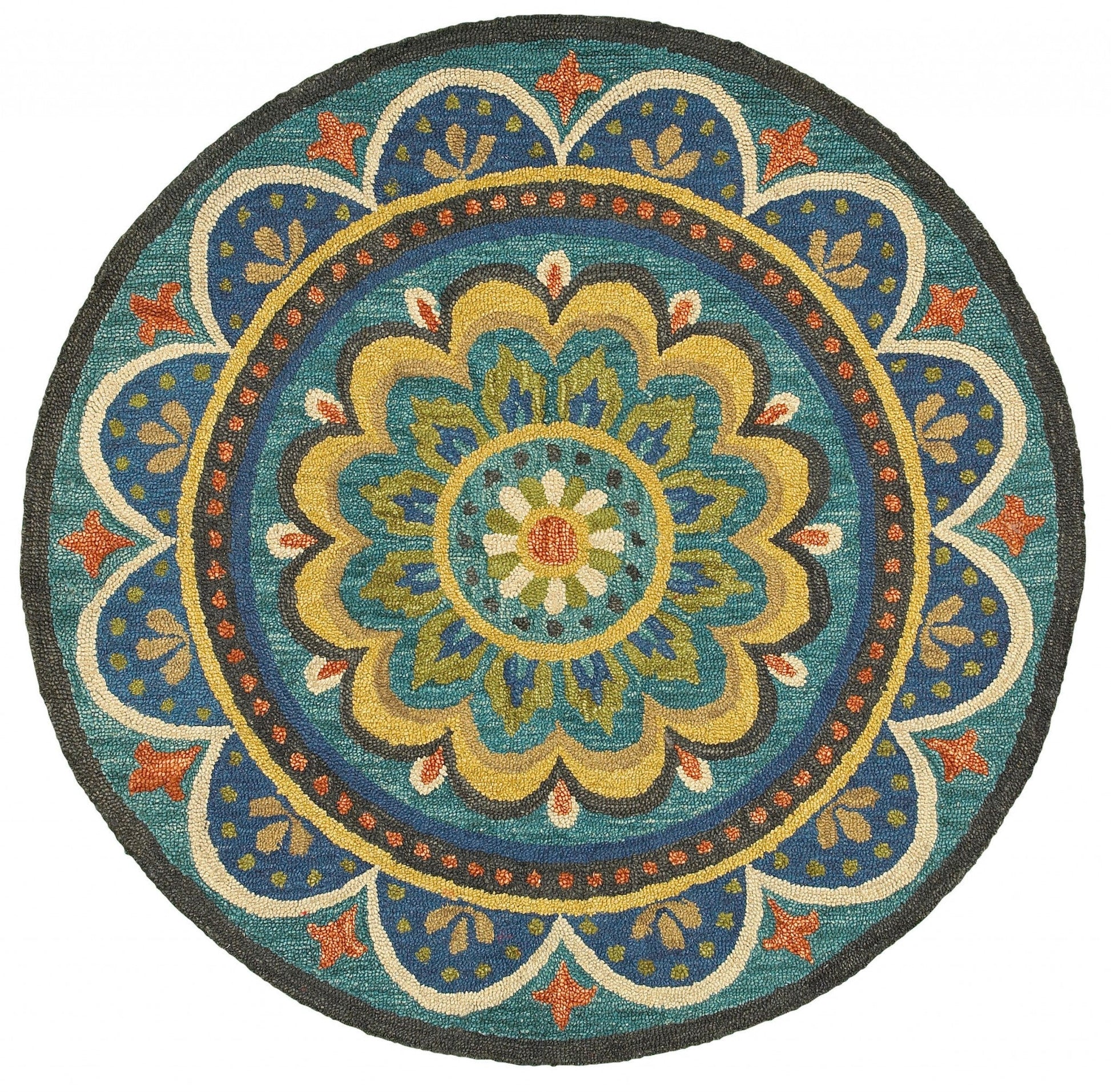 HomeRoots 6' Round Blue Floral Mandala Area Rug