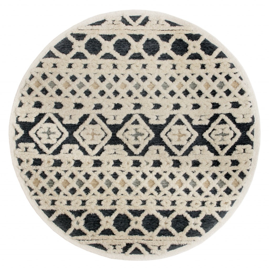HomeRoots 6' Round Blue and Cream Decorative Area Rug