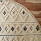 HomeRoots 6' Round Cream and Blue Striped Diamonds Area Rug