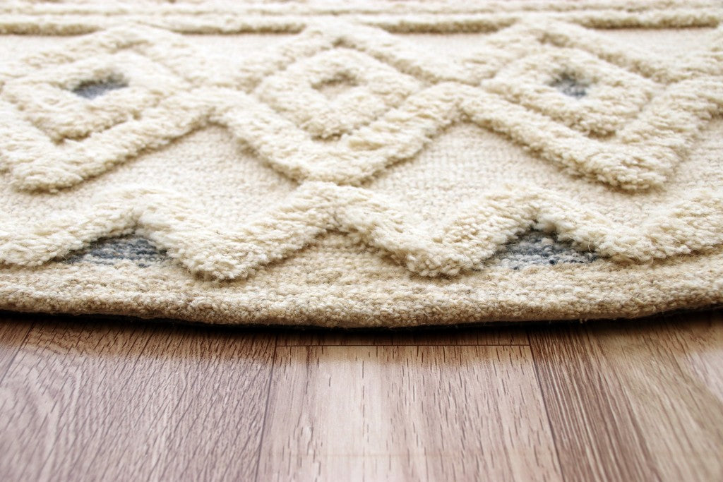 HomeRoots 6' Round Cream and Blue Striped Diamonds Area Rug