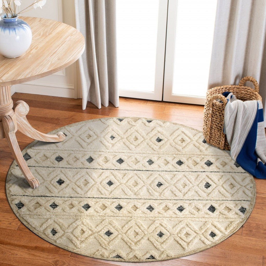 HomeRoots 6' Round Cream and Blue Striped Diamonds Area Rug