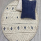 HomeRoots 6' Round Cream and Blue Striped Diamonds Area Rug