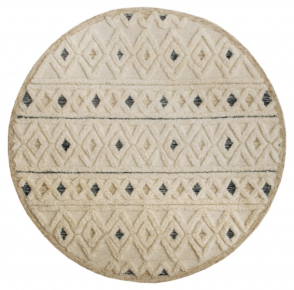 HomeRoots 6' Round Cream and Blue Striped Diamonds Area Rug