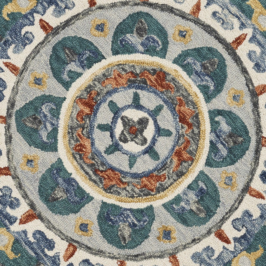 HomeRoots 6' Round Teal Decorative Floral Area Rug