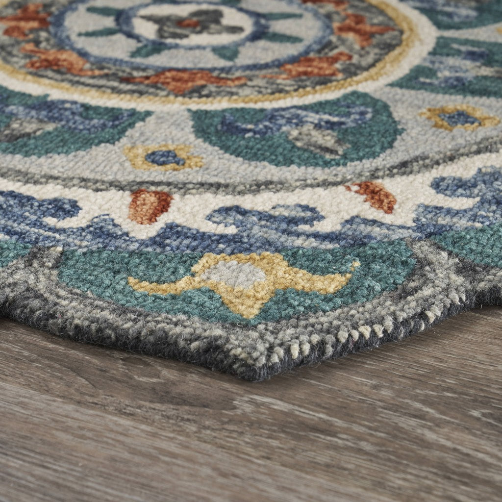HomeRoots 6' Round Teal Decorative Floral Area Rug