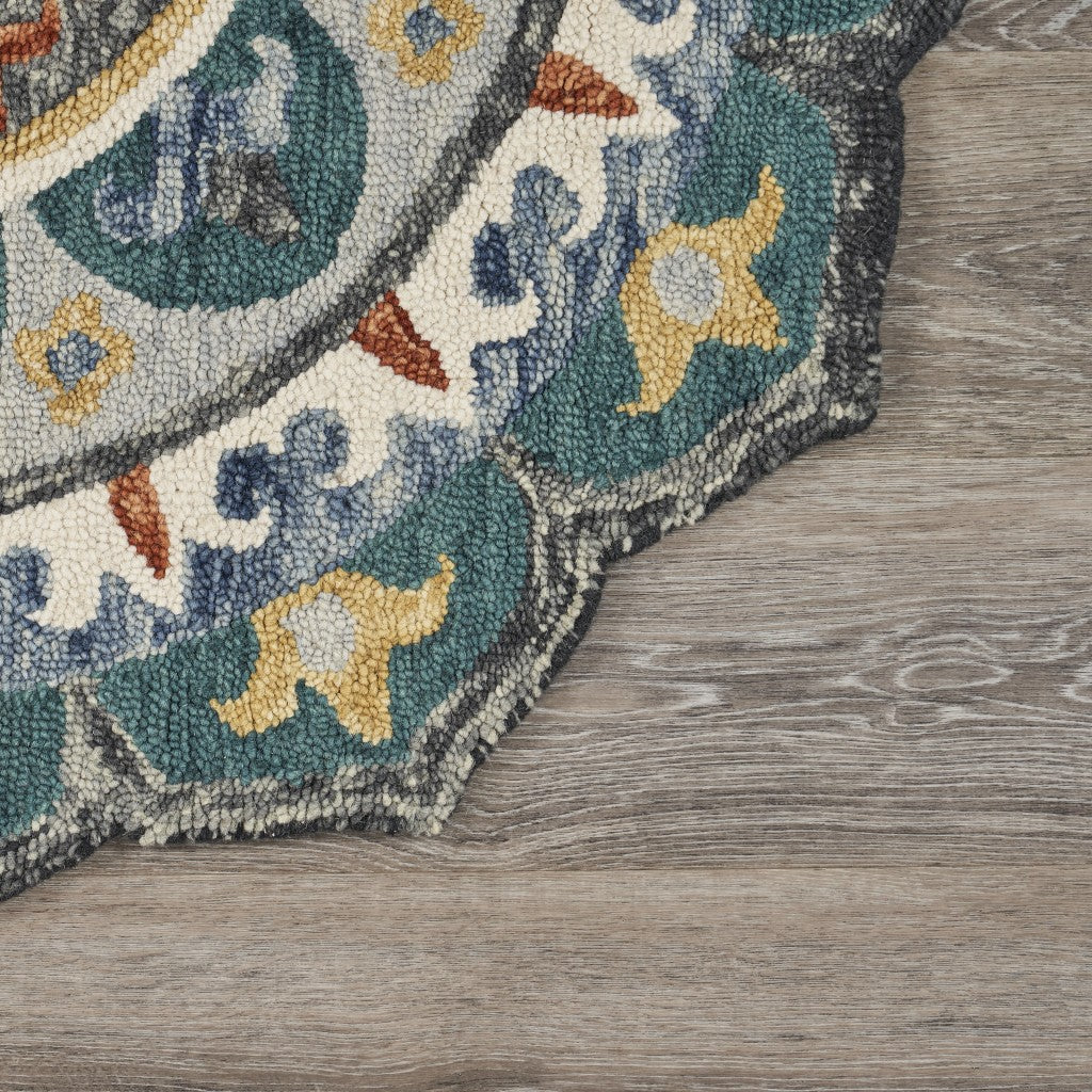 HomeRoots 6' Round Teal Decorative Floral Area Rug