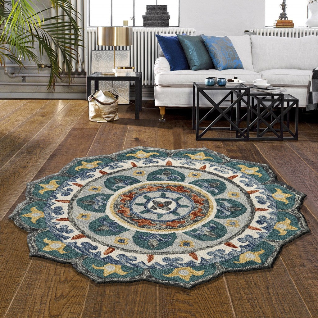 HomeRoots 6' Round Teal Decorative Floral Area Rug