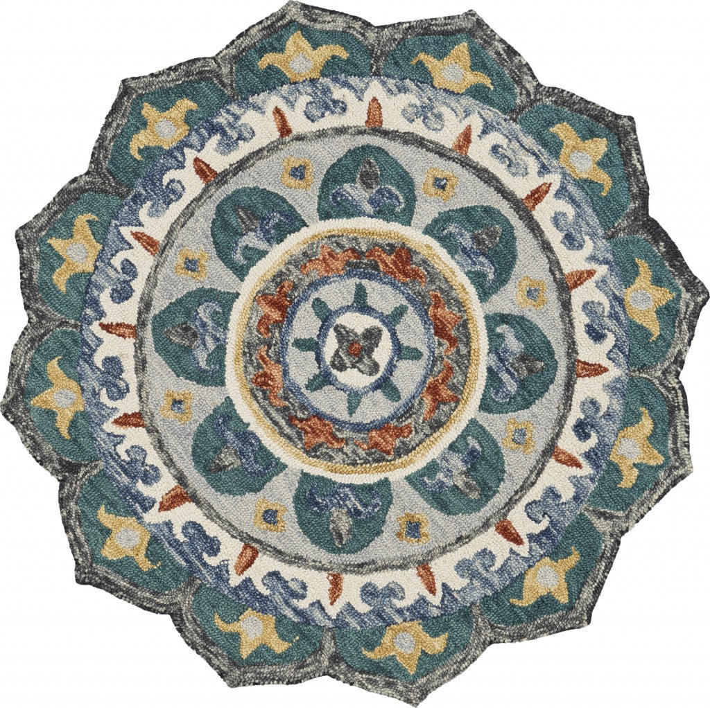 HomeRoots 6' Round Teal Decorative Floral Area Rug