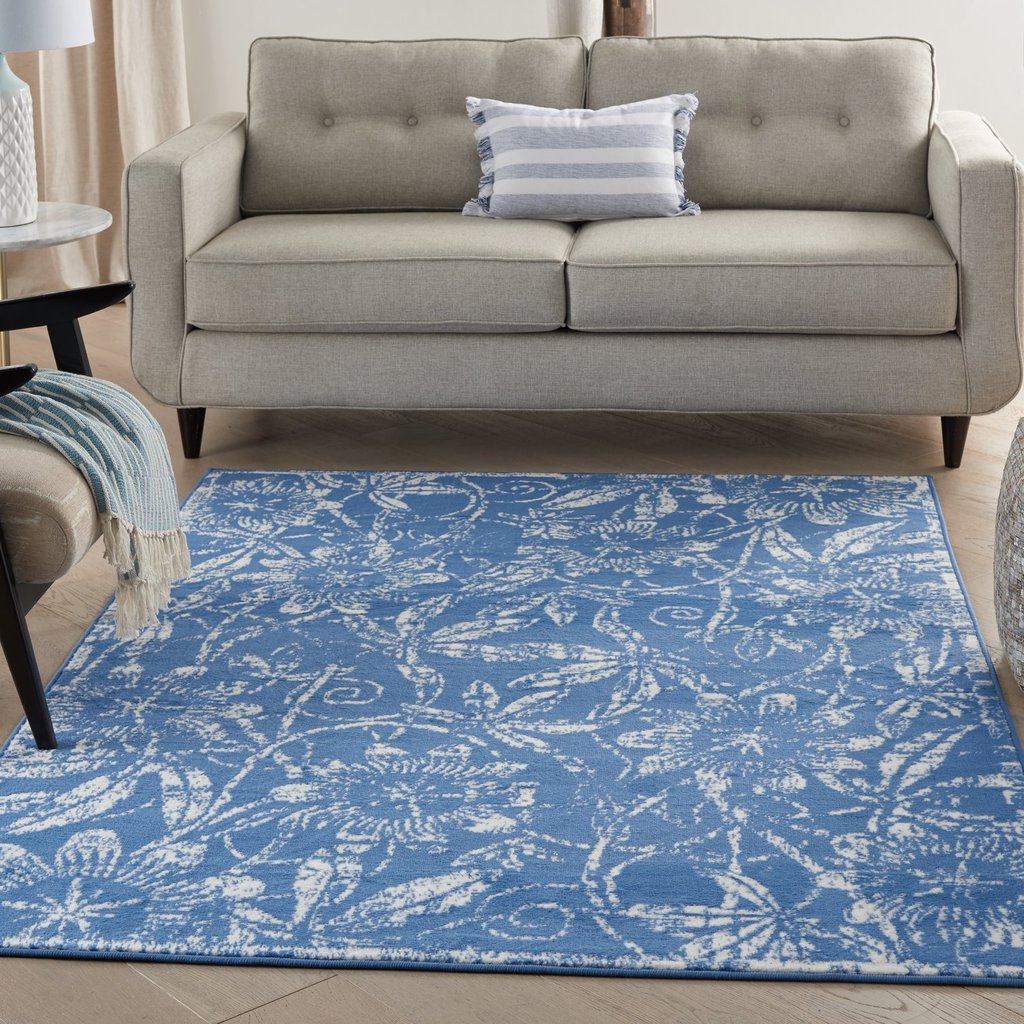 HomeRoots 6' x 9' Blue and Ivory Floral Vines Area Rug