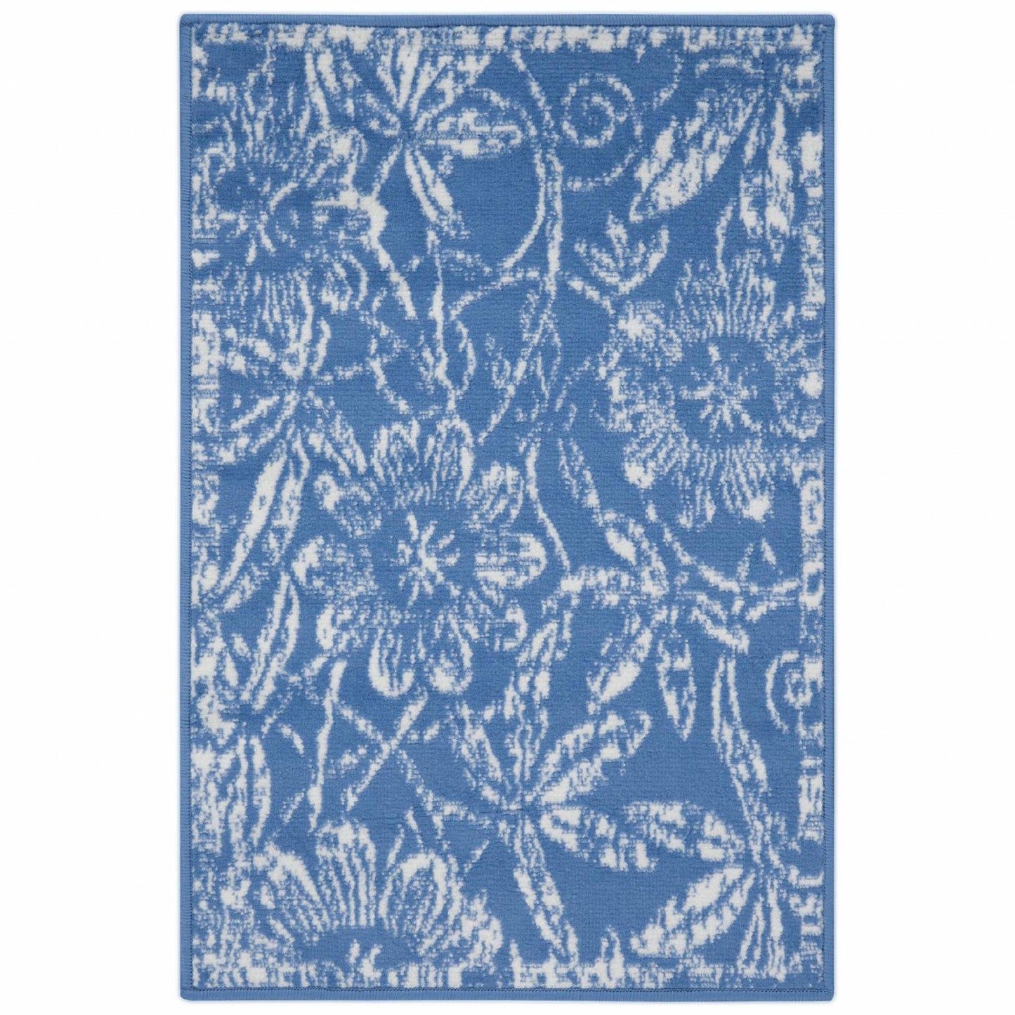 HomeRoots 6' x 9' Blue and Ivory Floral Vines Area Rug