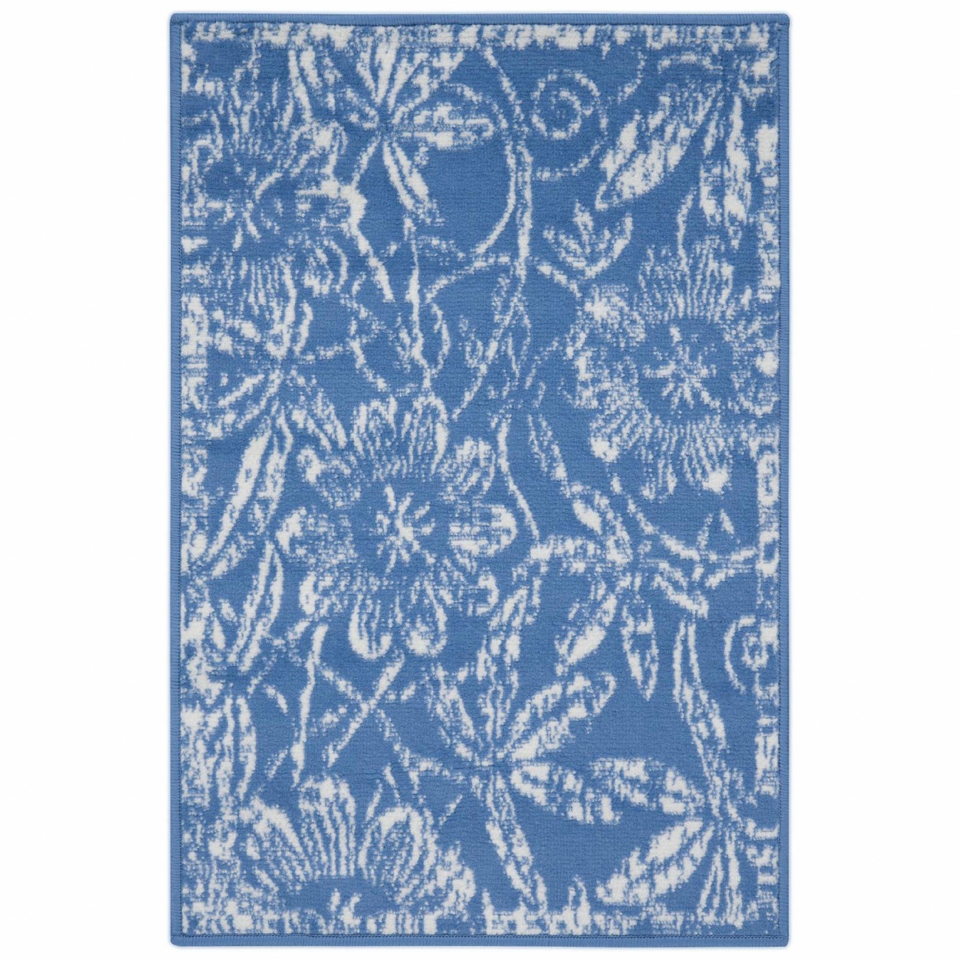 HomeRoots 6' x 9' Blue and Ivory Floral Vines Area Rug