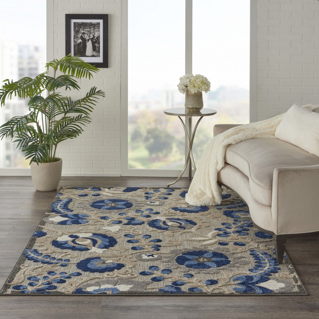 HomeRoots 6' x 9' Natural and Blue Indoor Outdoor Area Rug