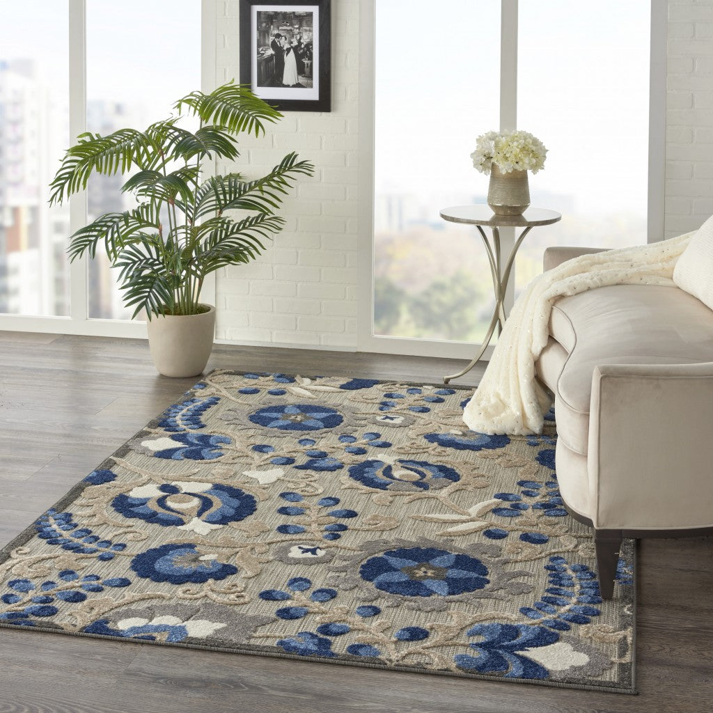 HomeRoots 6' x 9' Natural and Blue Indoor Outdoor Area Rug
