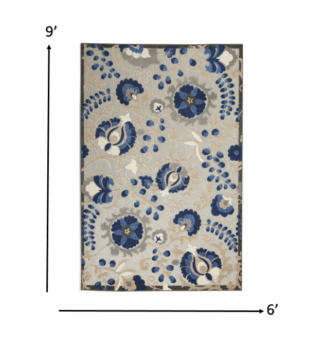 HomeRoots 6' x 9' Natural and Blue Indoor Outdoor Area Rug
