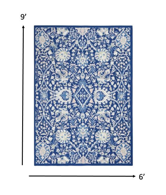 HomeRoots 6' x 9' Navy and Ivory Intricate Floral Area Rug