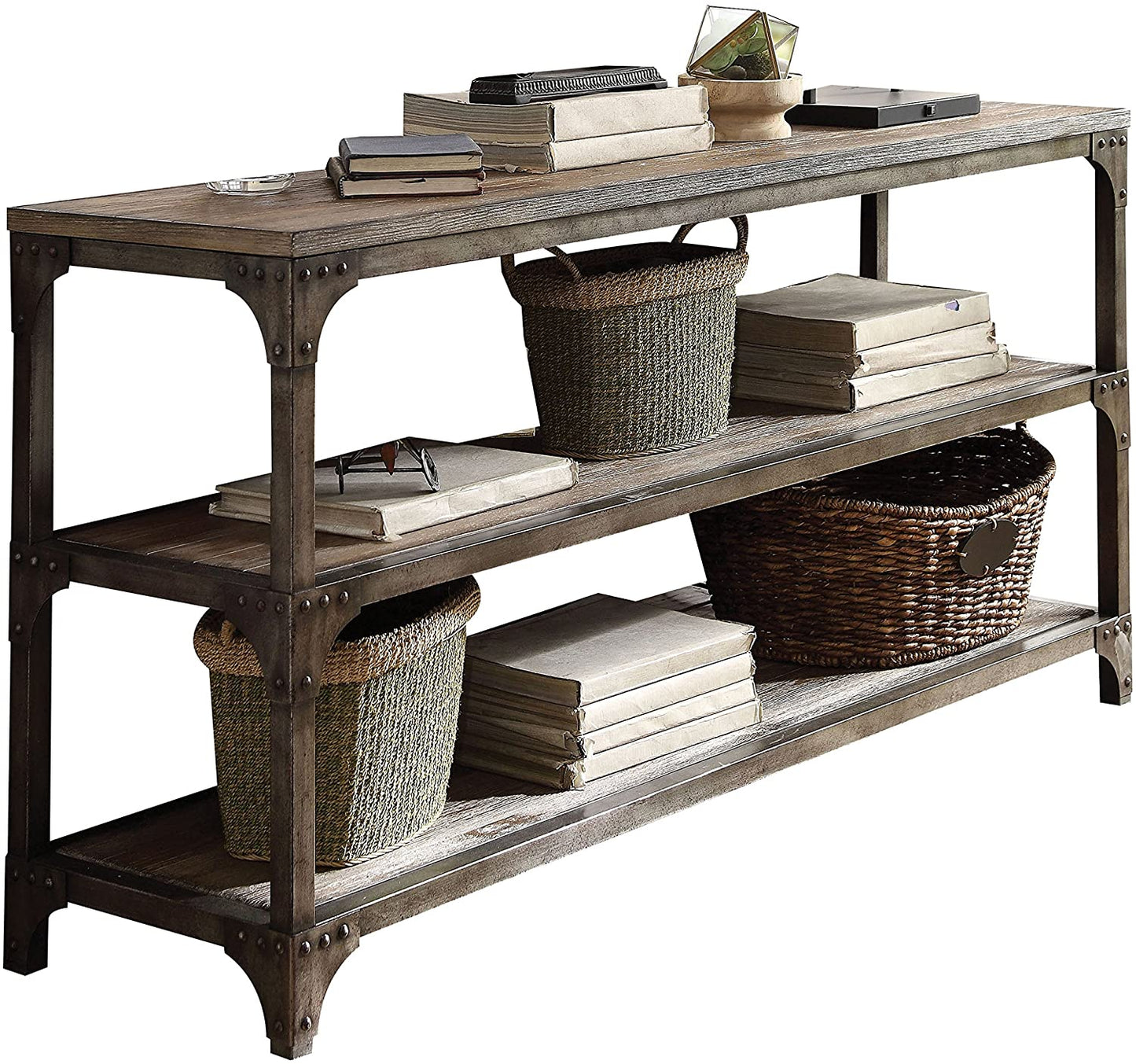 HomeRoots 60" Rustic Weathered Oak Console Storage Table