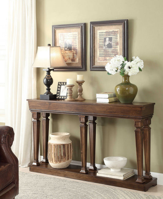 HomeRoots 60" Solid Wood Floor Shelf Console Table With Shelves in Wood Brown Finish
