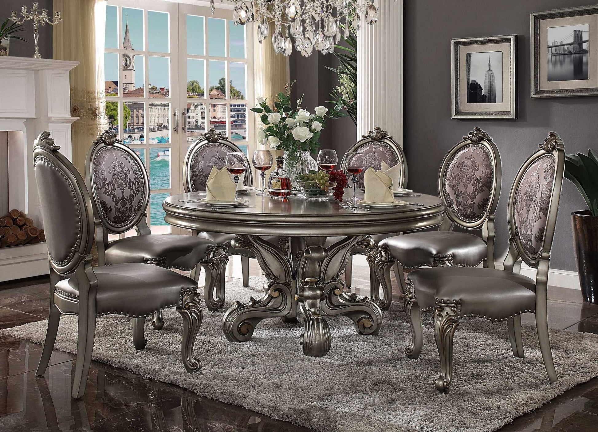 HomeRoots 60" x 60" x 30" Round Pedestal Wood Poly Resin Dining Table With Antique Platinum Finish