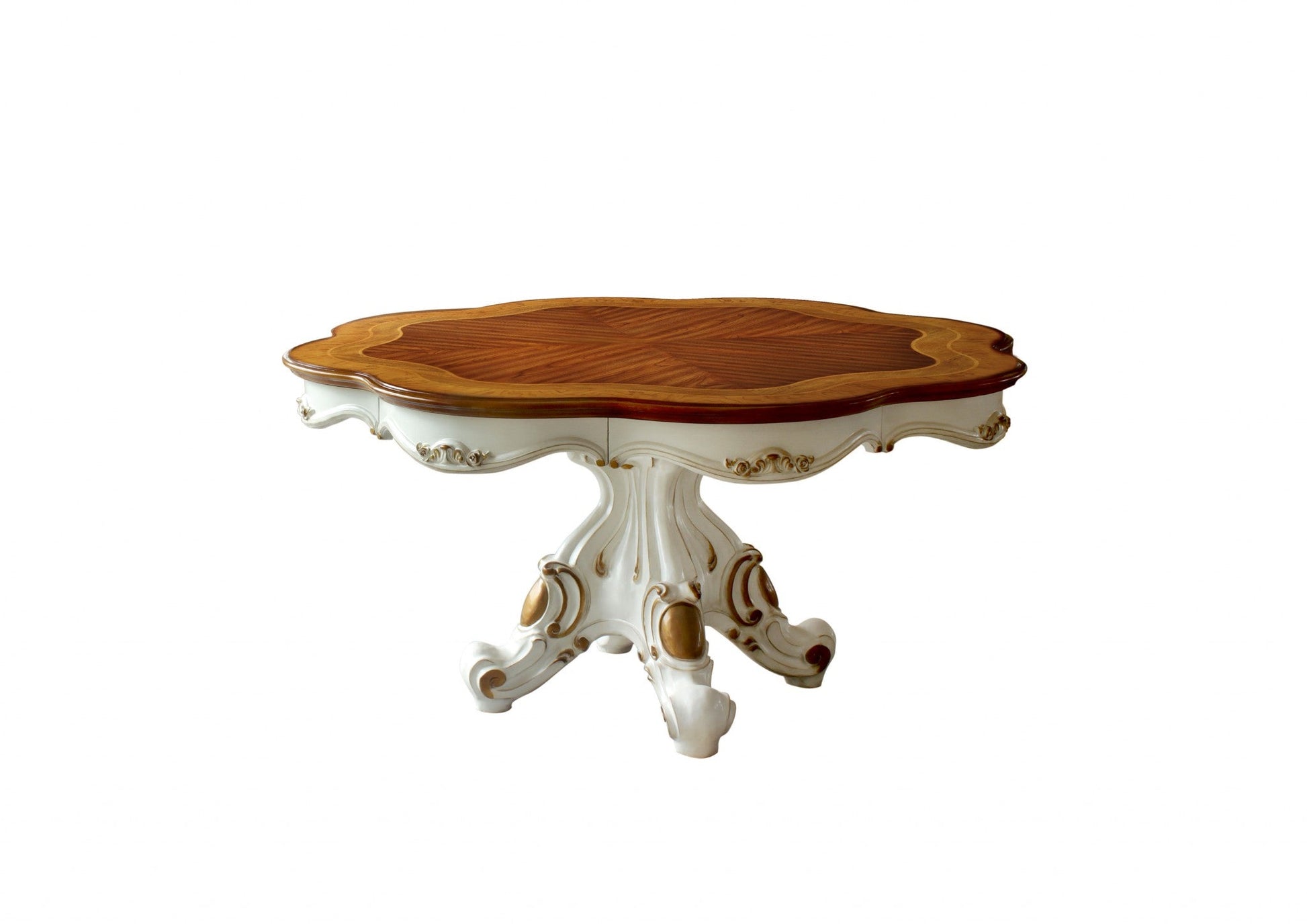 HomeRoots 62" x 62" x 31" Poly-Resin Dining Table With Single Pedestal in Antique Pearl and Cherry Oak Finish