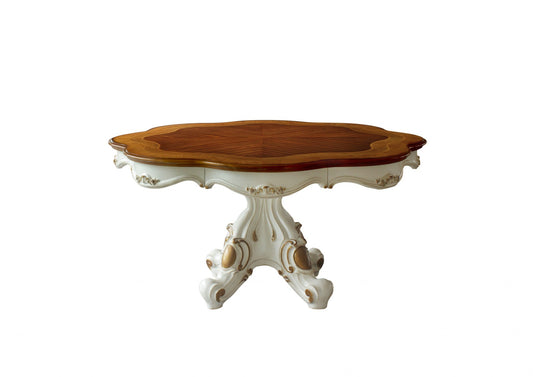 HomeRoots 62" x 62" x 31" Poly-Resin Dining Table With Single Pedestal in Antique Pearl and Cherry Oak Finish