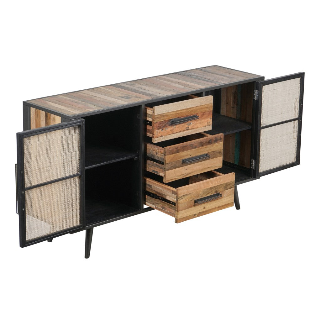 HomeRoots 63" Modern Rustic Black Natural And Rattan Buffet Server