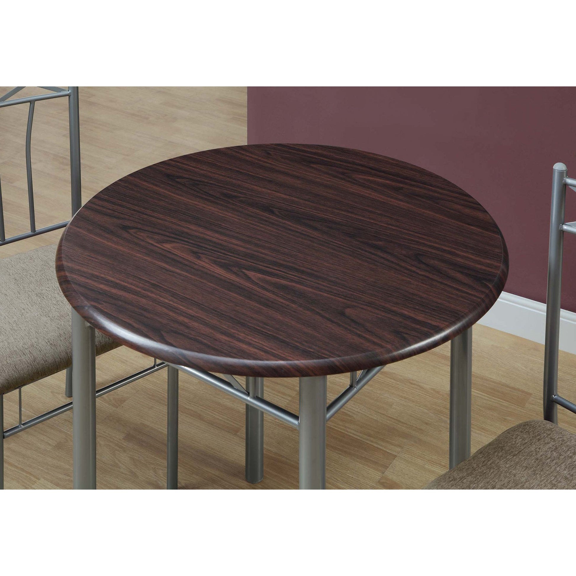 HomeRoots 64" X 64" X 102" Cappuccino and Silver Metal Dining Set in Set of Three