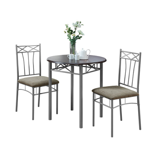 HomeRoots 64" X 64" X 102" Cappuccino and Silver Metal Dining Set in Set of Three