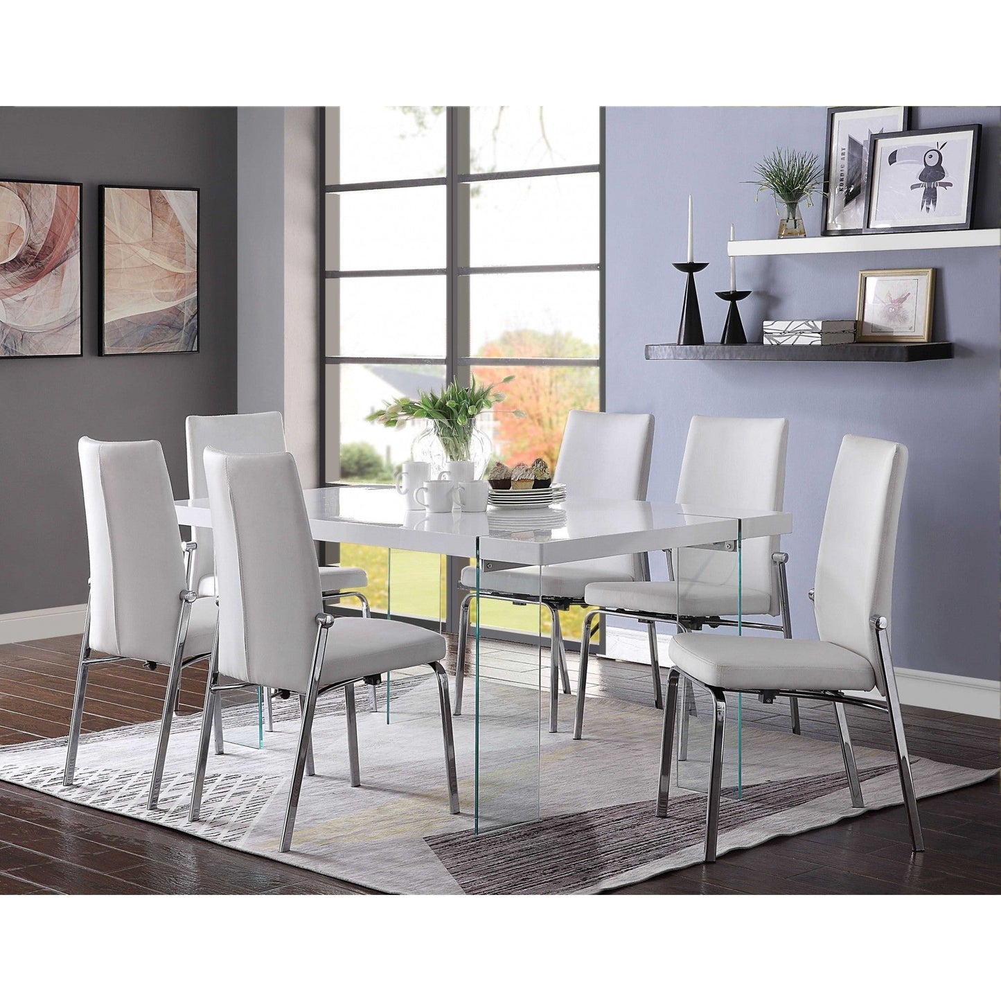 HomeRoots 66" x 38" x 30" Dining Table With White High Gloss and Clear Glass Finish