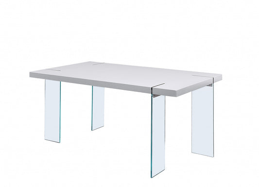 HomeRoots 66" x 38" x 30" Dining Table With White High Gloss and Clear Glass Finish