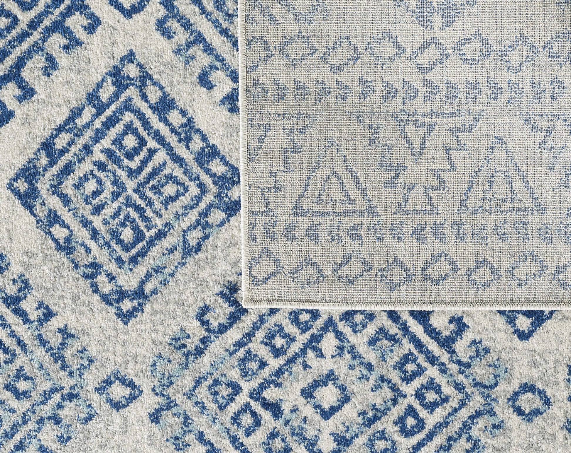 HomeRoots 7' Ivory Blue Machine Woven Distressed Geometric Indoor Runner Rug