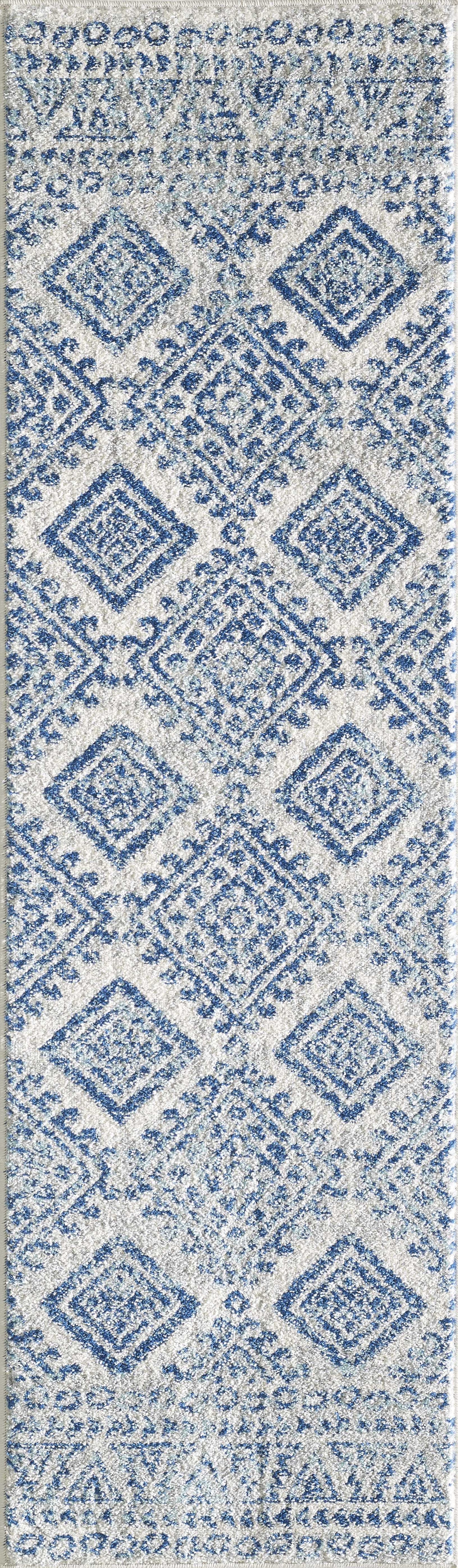 HomeRoots 7' Ivory Blue Machine Woven Distressed Geometric Indoor Runner Rug