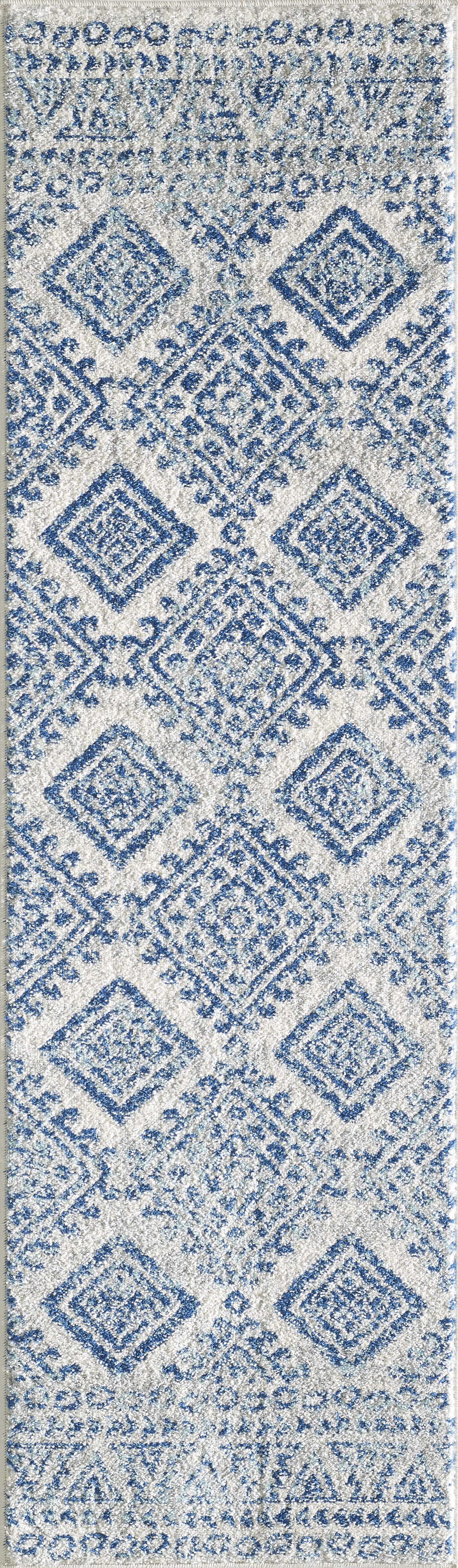 HomeRoots 7' Ivory Blue Machine Woven Distressed Geometric Indoor Runner Rug