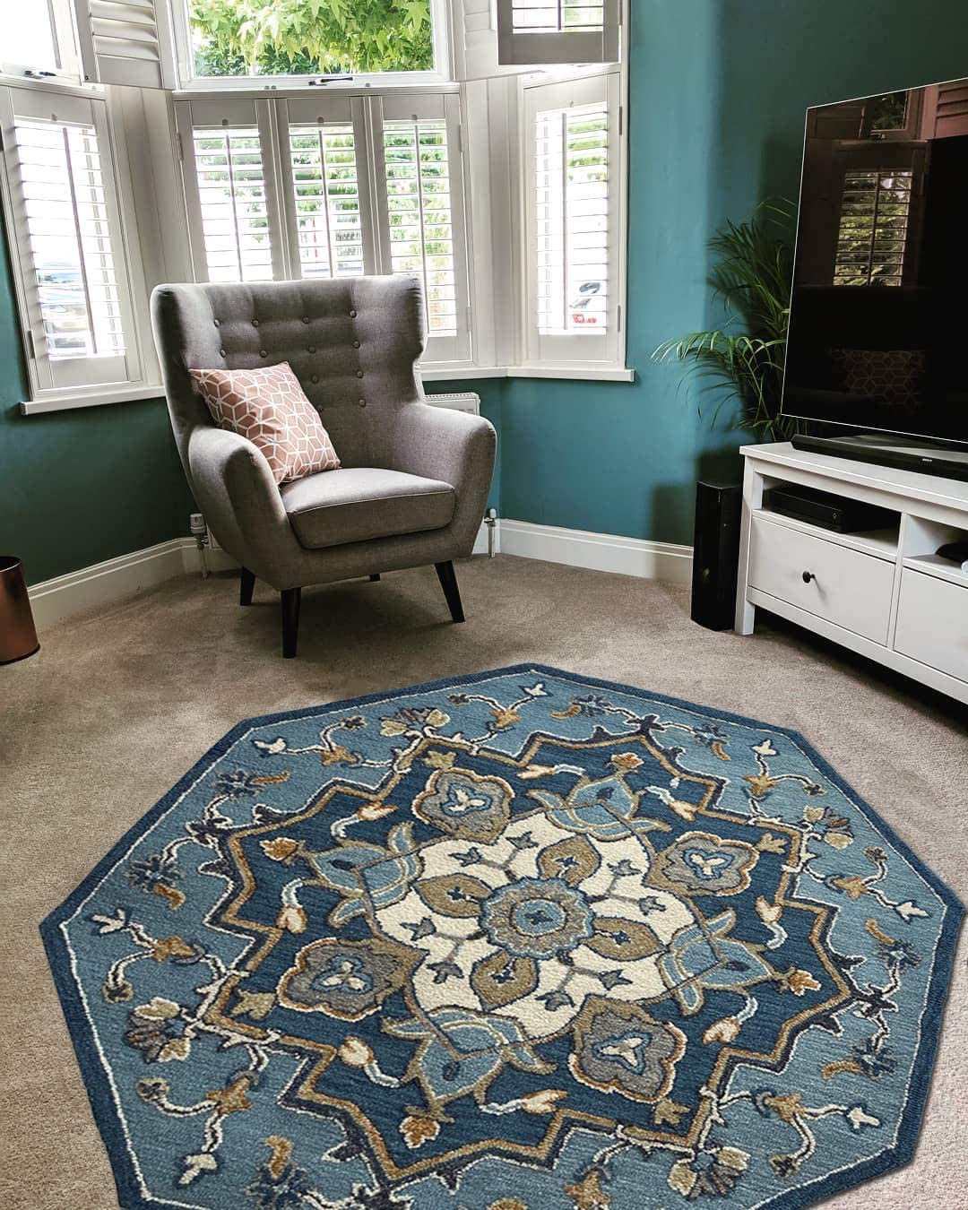 HomeRoots 7' Round Blue Traditional Medallion Area Rug
