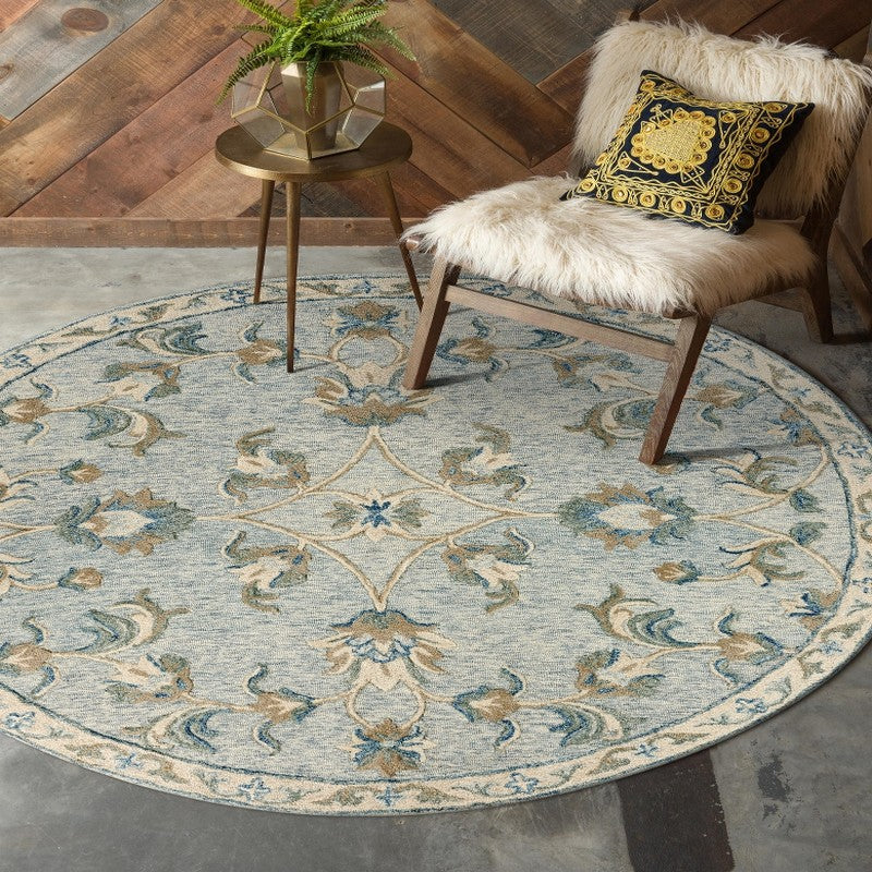 HomeRoots 7' Round Blue and Cream Filigree Area Rug