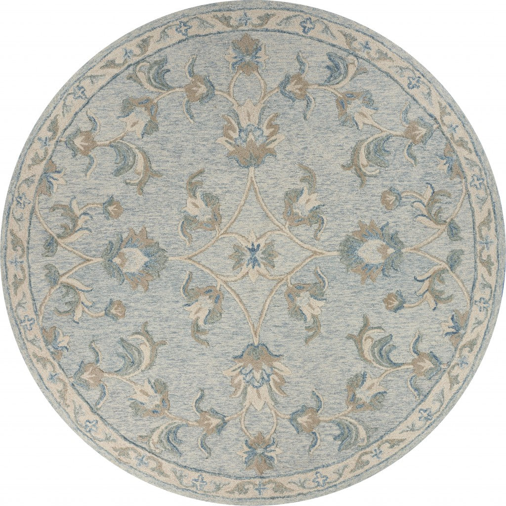 HomeRoots 7' Round Blue and Cream Filigree Area Rug