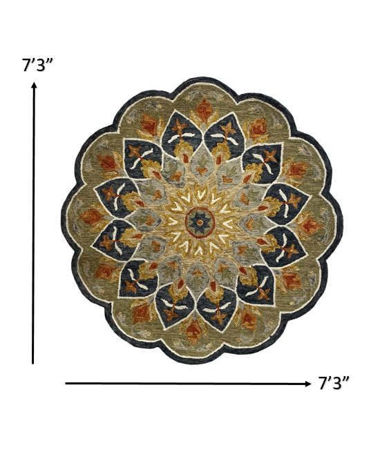 HomeRoots 7' Round Charcoal Scalloped Edge Area Rug