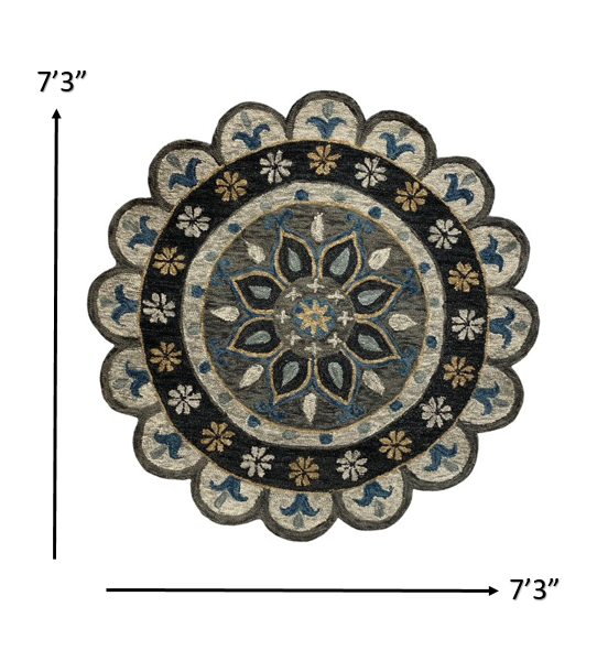 HomeRoots 7' Round Gray Border Floral Medallion Area Rug