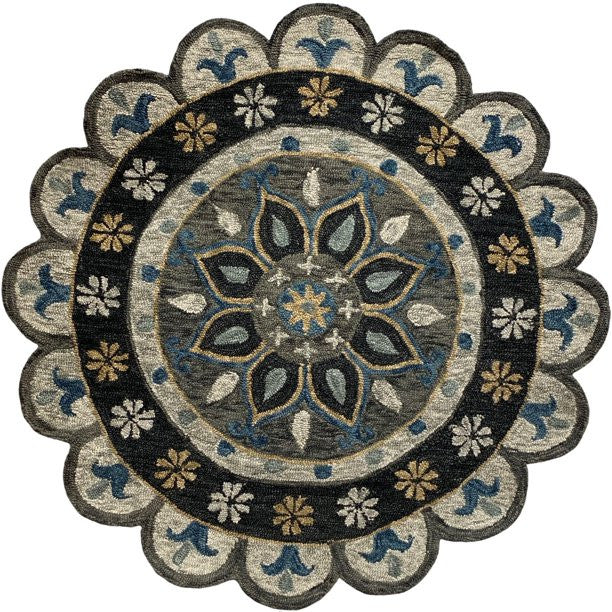 HomeRoots 7' Round Gray Border Floral Medallion Area Rug
