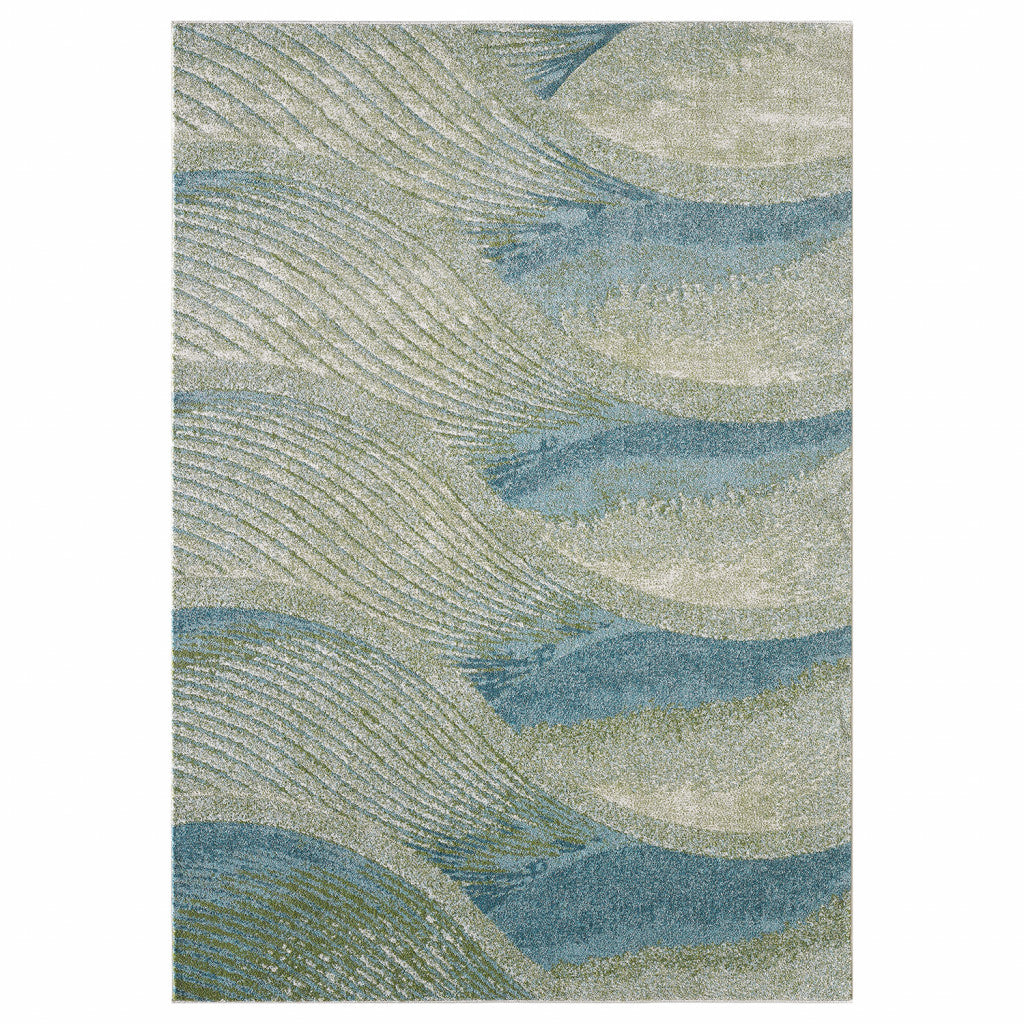 HomeRoots 7' x 10' Blue Beige Abstract Waves Modern Area Rug