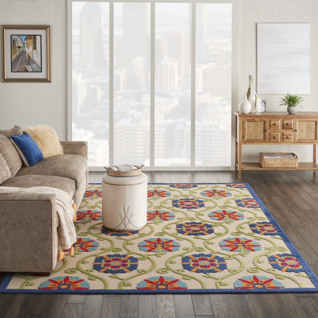 HomeRoots 7' x 10' Blue Vines Indoor Outdoor Area Rug
