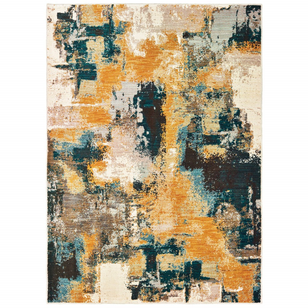 HomeRoots 7' x 10' Blue and Gold Abstract Strokes Area Rug
