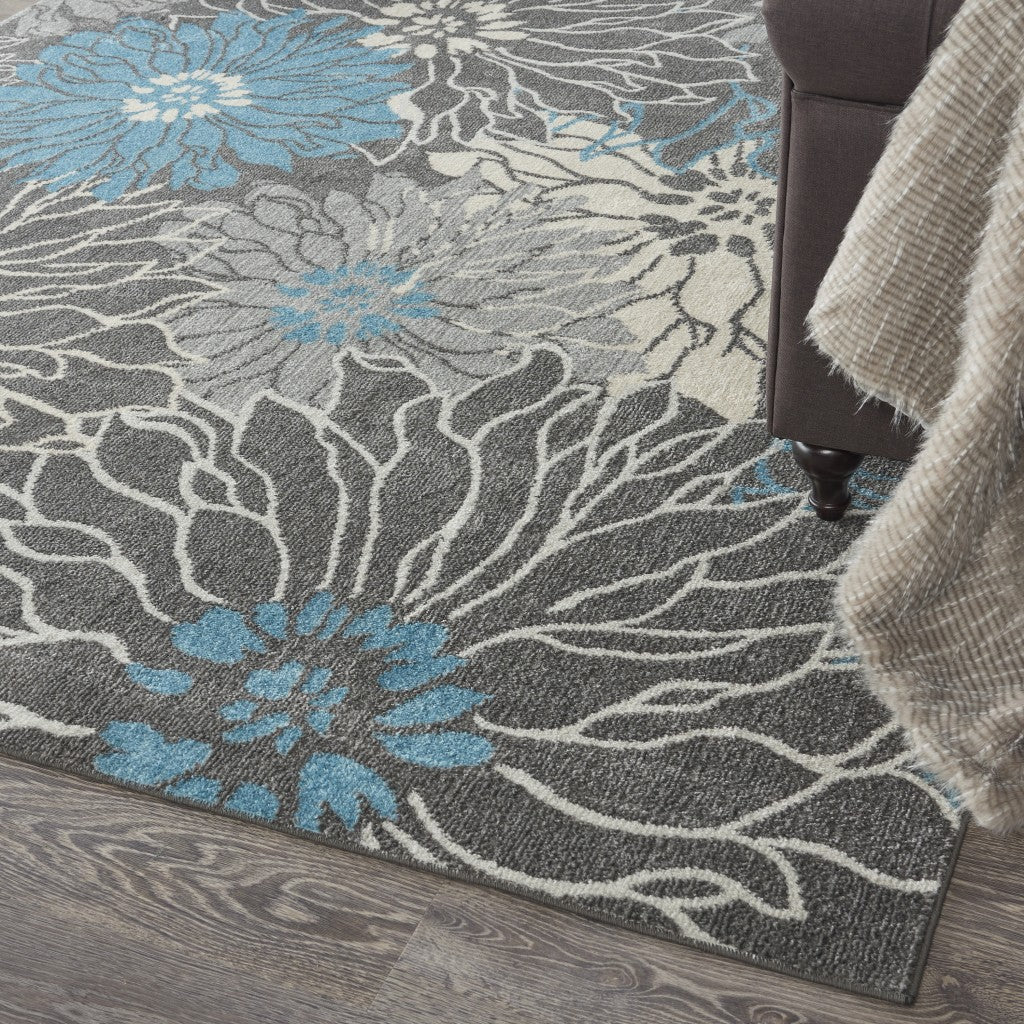 HomeRoots 7' x 10' Charcoal and Blue Big Flower Area Rug