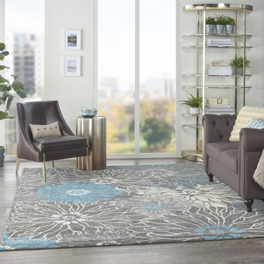 HomeRoots 7' x 10' Charcoal and Blue Big Flower Area Rug