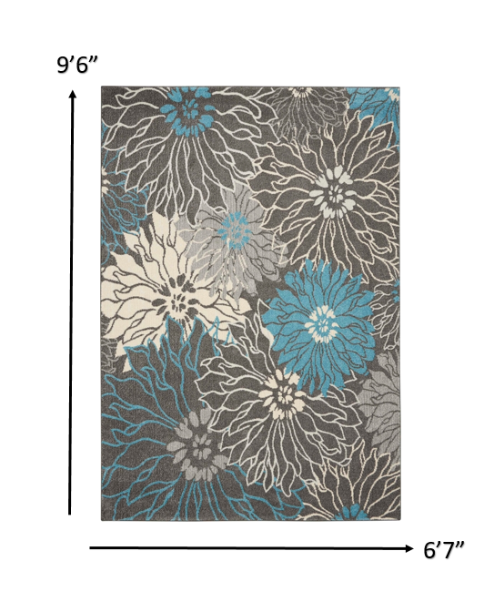 HomeRoots 7' x 10' Charcoal and Blue Big Flower Area Rug