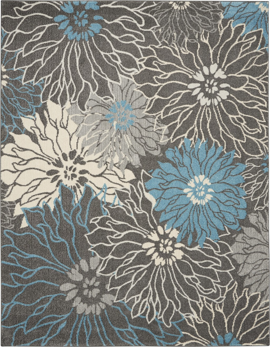 HomeRoots 7' x 10' Charcoal and Blue Big Flower Area Rug