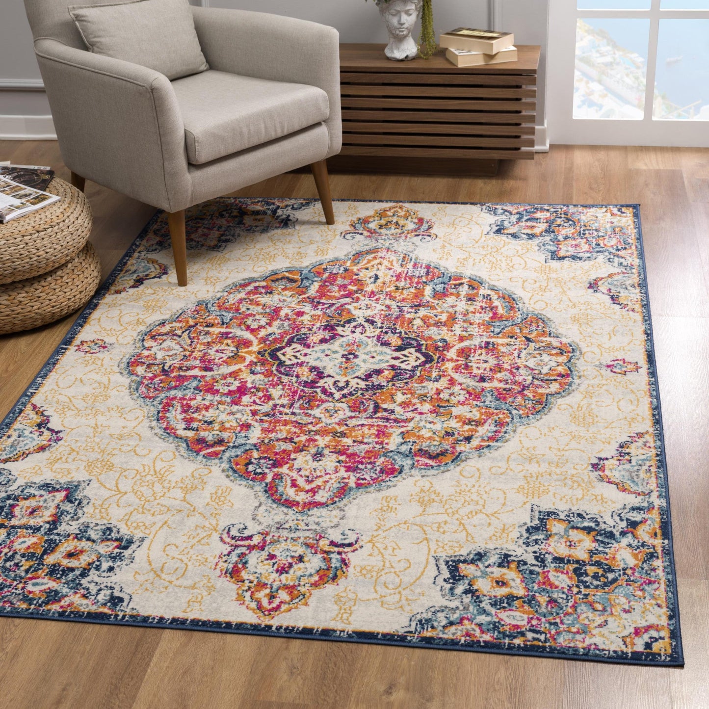 HomeRoots 7' x 10' Cream Decorative Medallion Area Rug