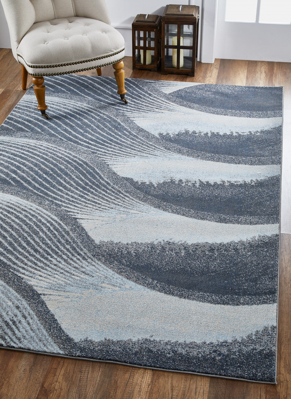 HomeRoots 7' x 10' Gray Blue Abstract Waves Modern Area Rug