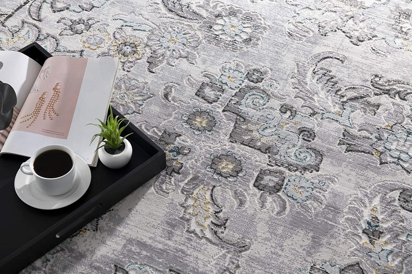 HomeRoots 7' x 10' Gray Modern Jacobean Floral Area Rug