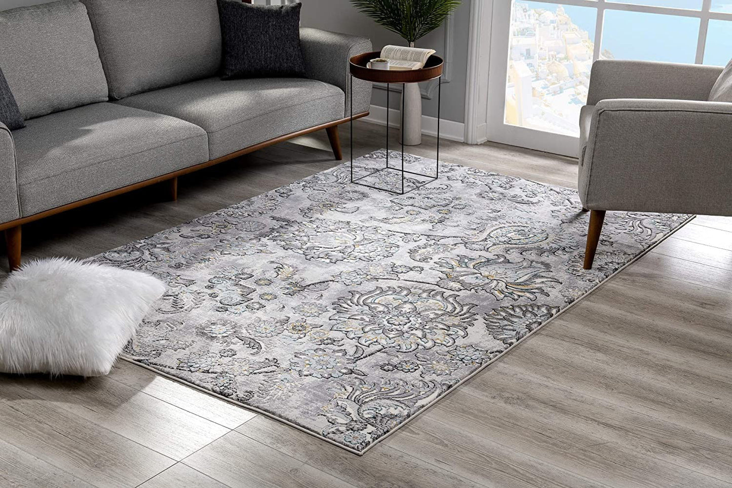 HomeRoots 7' x 10' Gray Modern Jacobean Floral Area Rug