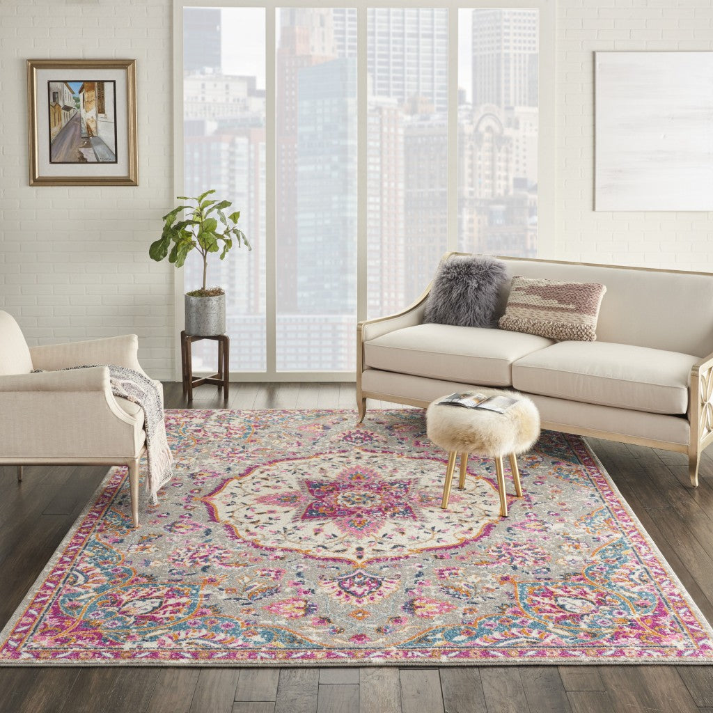 HomeRoots 7' x 10' Gray and Pink Medallion Area Rug